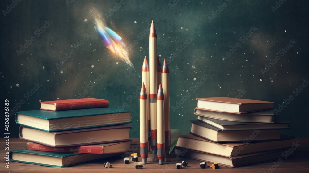Books and rocket. Education concept. Illustration AI Generative.