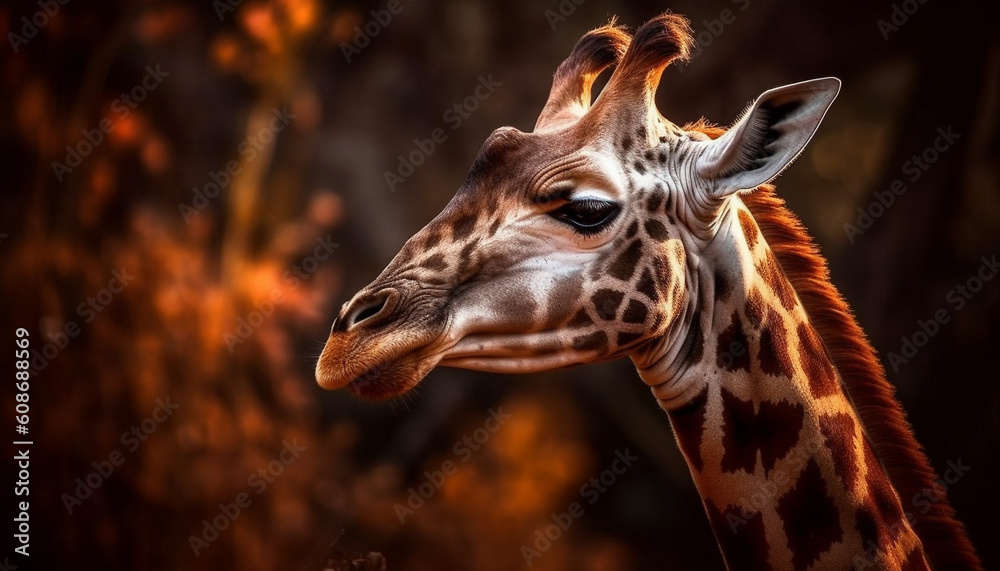 Majestic giraffe standing in the wilderness, looking at camera generated by AI