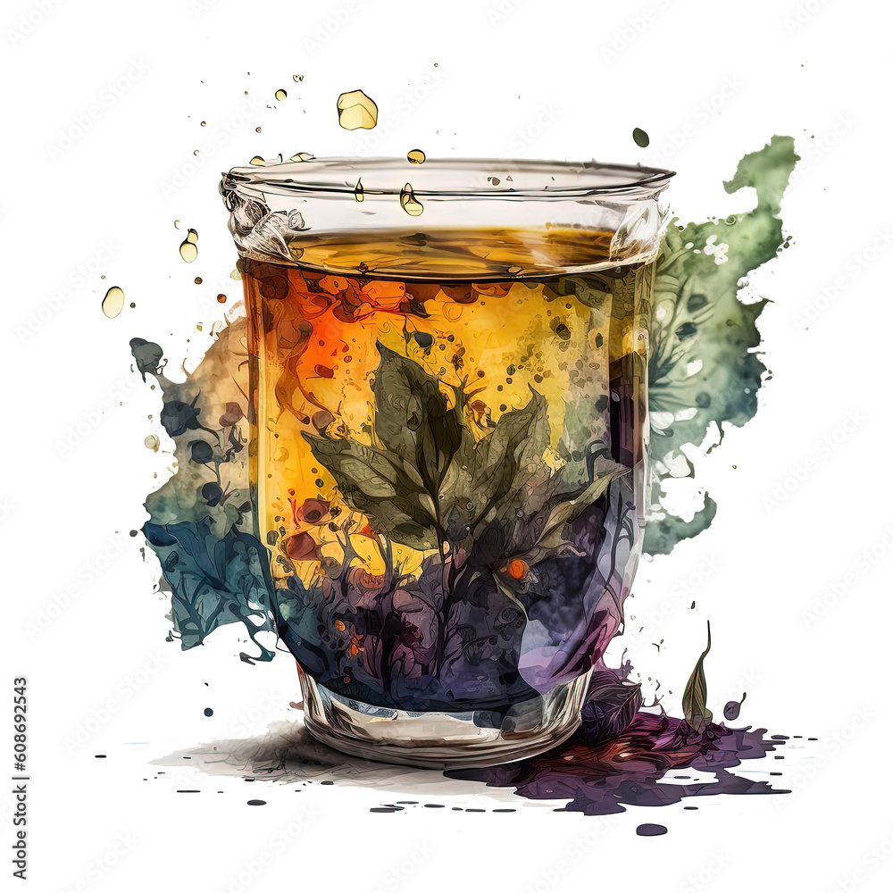 Watercolor tea. Illustration AI Generative.