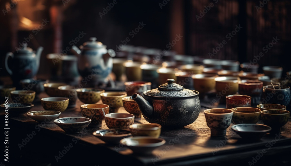 Ancient Chinese teapot collection, elegantly crafted with ornate patterns generated by AI