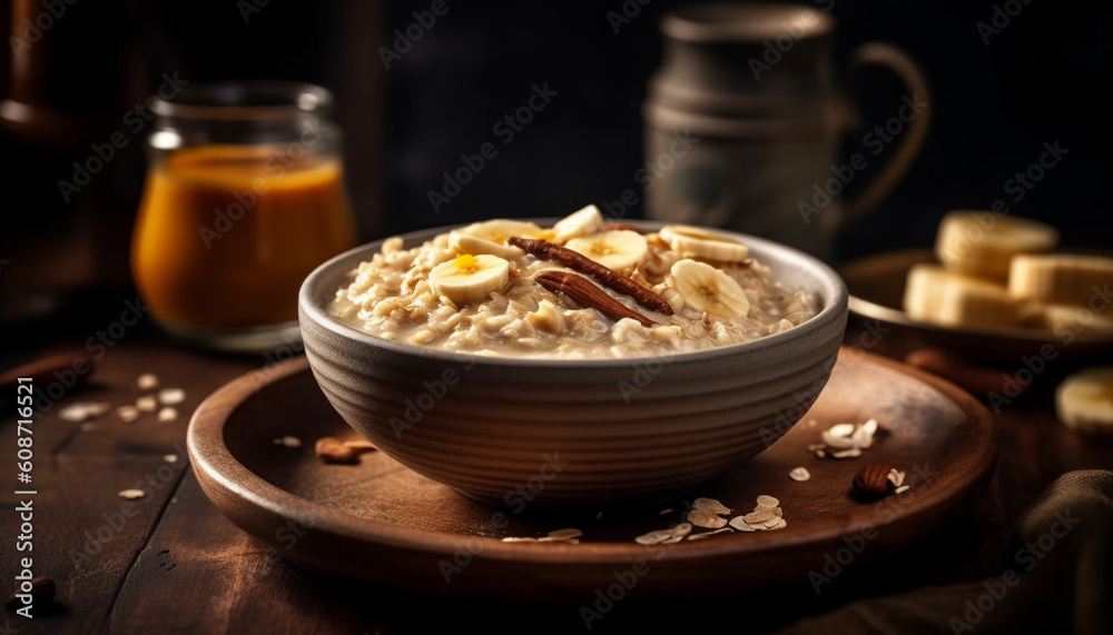 A rustic bowl of homemade oatmeal with fresh fruit and honey generated by AI