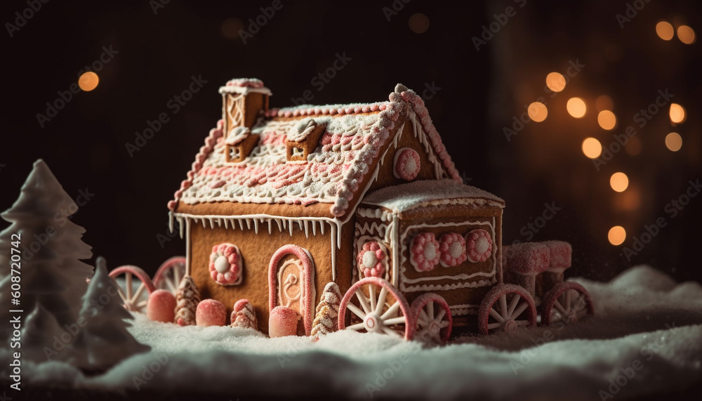 Homemade gingerbread house decorates rustic table for winter celebration generated by AI