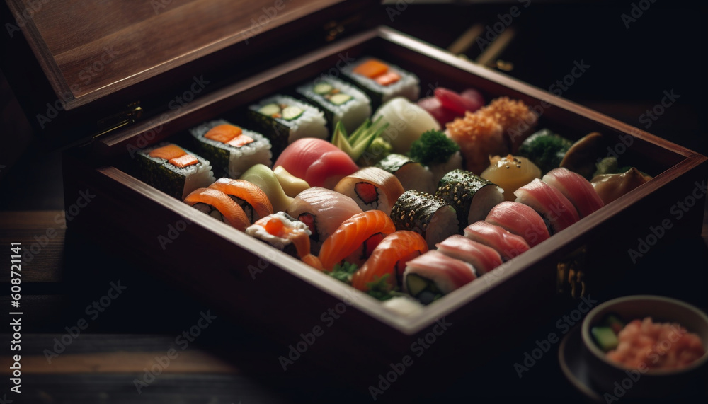 Fresh seafood and healthy rice in Japanese gourmet cuisine meal generated by AI