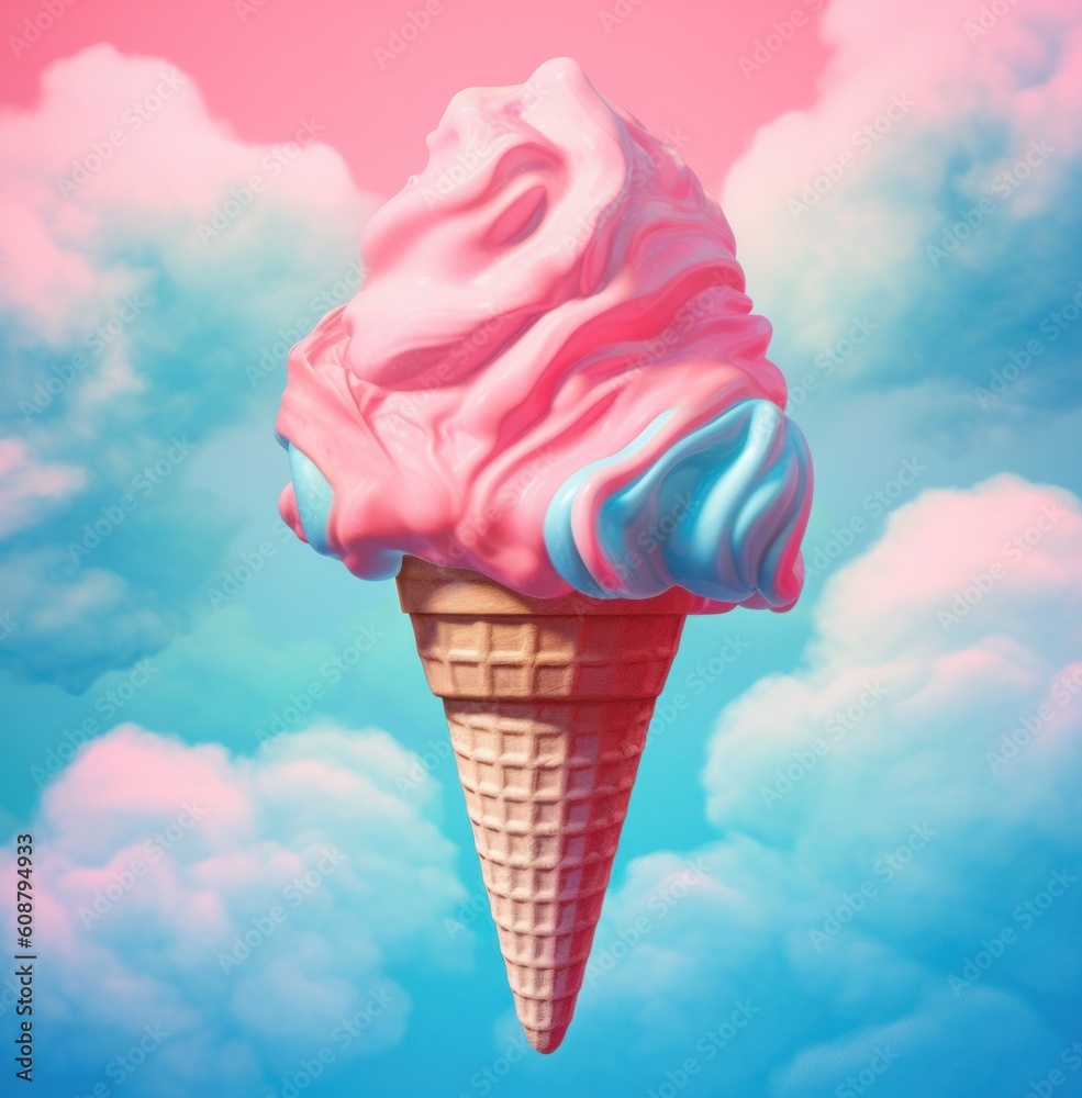 Pink and Blue Ice Cream. Illustration AI Generative.