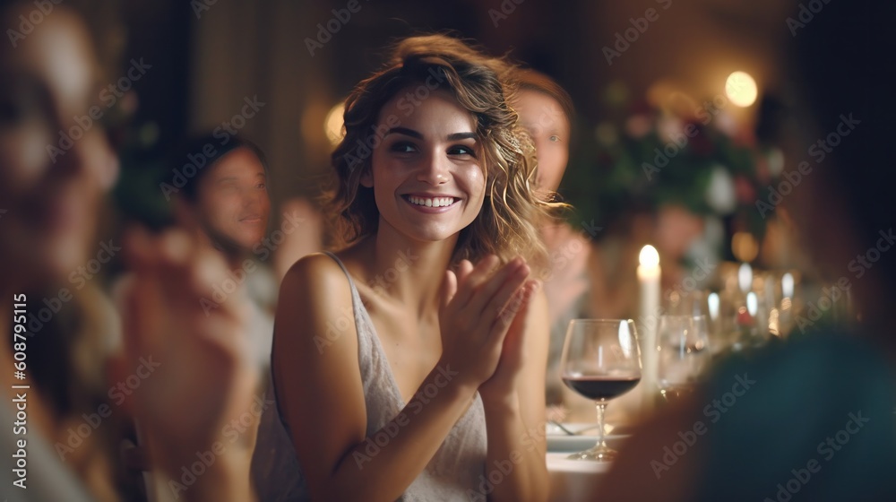 Woman clapping hands on dinner. Illustration AI Generative.