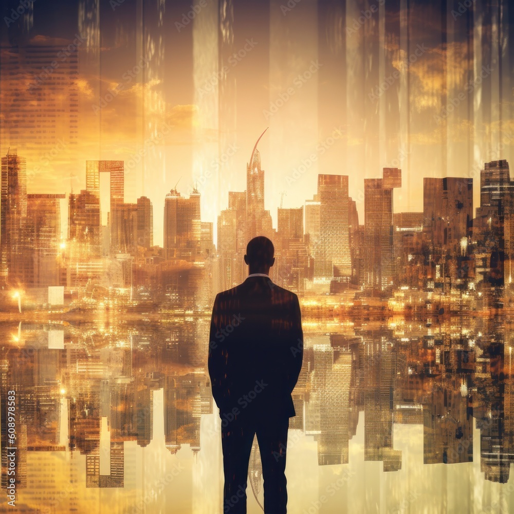 Business man standing back during sunrise overlay with cityscape Illustration AI Generative.