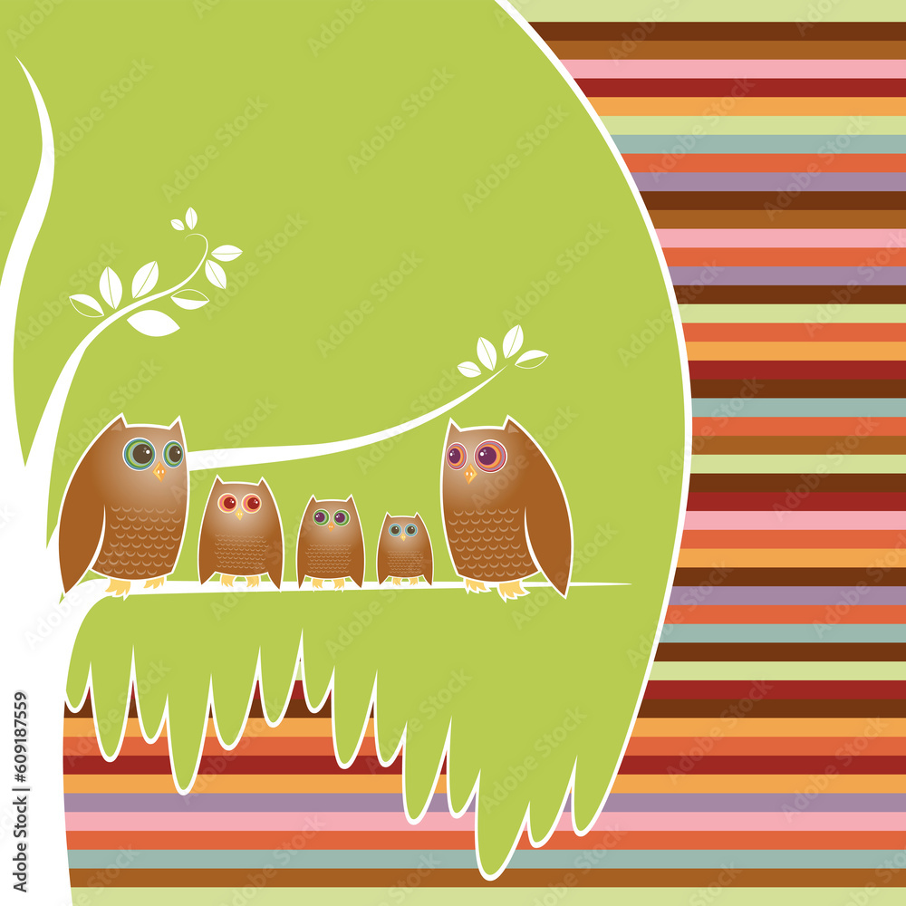 Family of five owls perched in their cozy tree, a colorful striped background