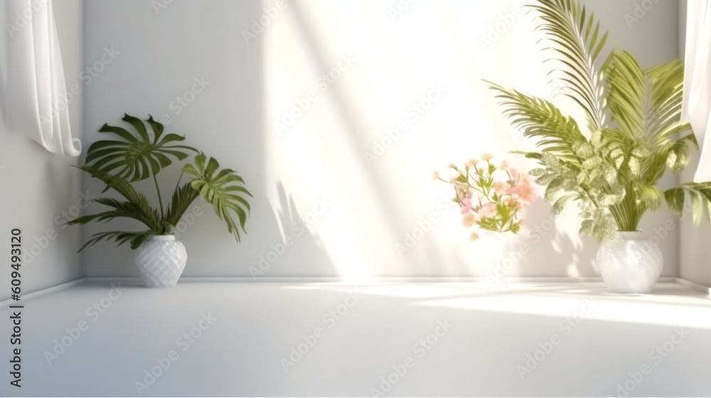White empty studio with plants background. Illustration AI Generative.