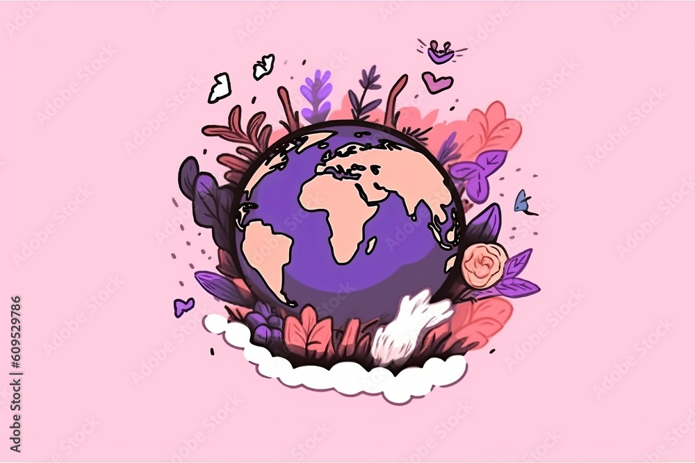 Earth surrounded by a colorful array of butterflies and flowers on a vibrant pink background Generat