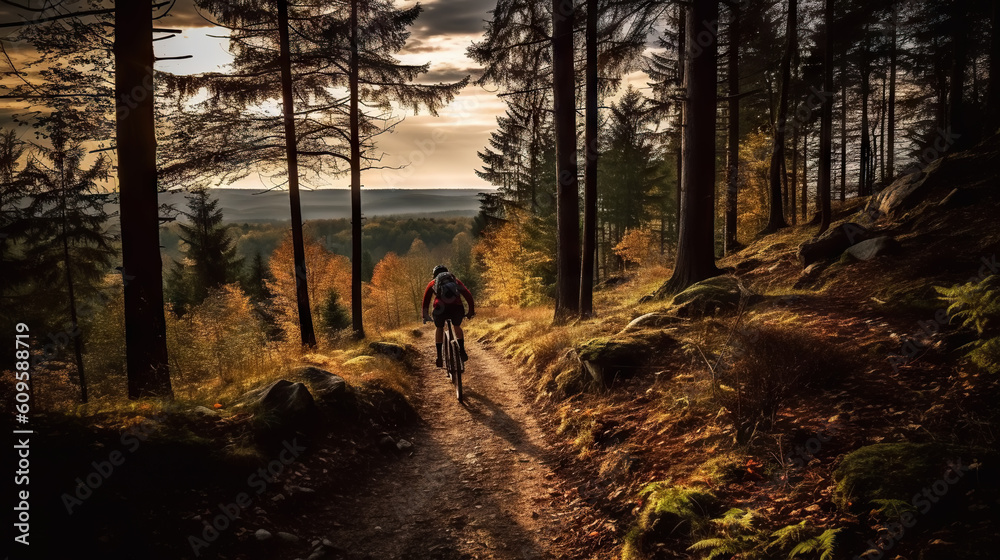 Mountain biker riding on bike in spring inspirational forest landscape. Man cycling on enduro trail 
