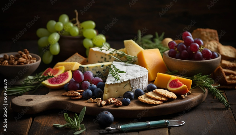 Variety of gourmet cheeses on rustic wood plank, perfect appetizer generated by AI