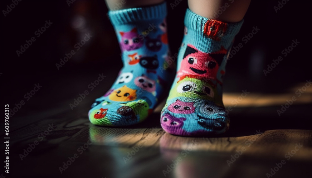Cute child wool sock warms up chilly winter night indoors generated by AI