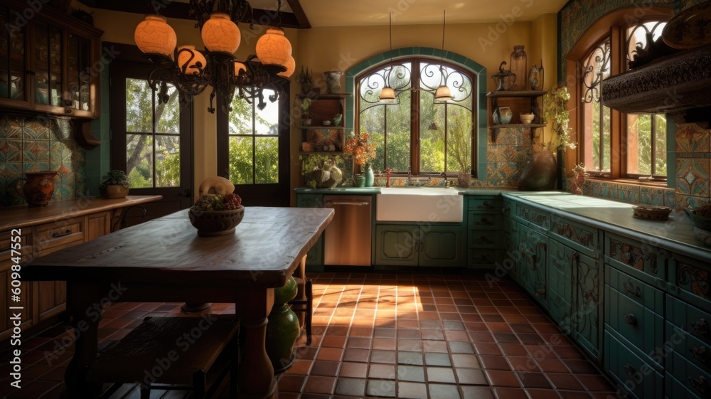 Interior design of Kitchen in Mediterranean style, Terra cotta tile flooring decorated with Mosaic t