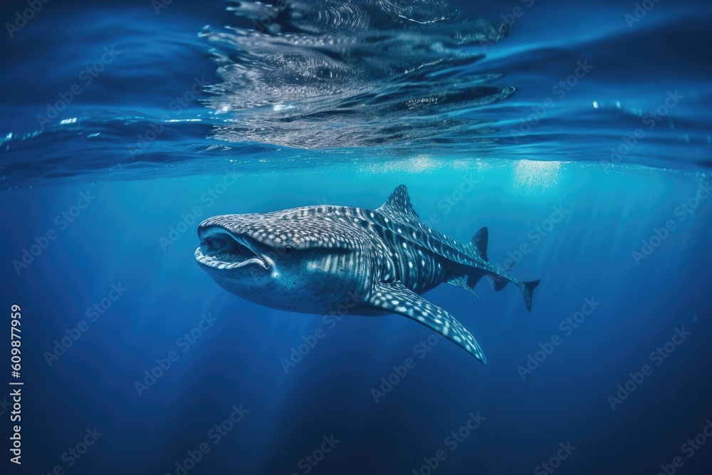 A whale shark plays near the surface in blue water. Whale shark in pacific sea. Generative ai