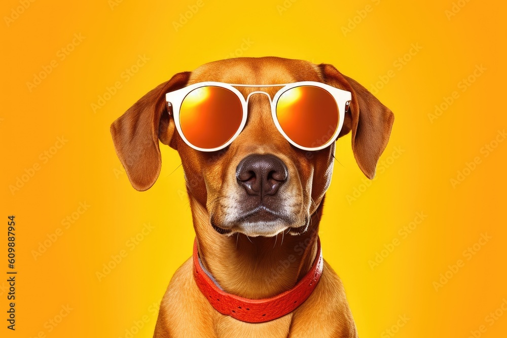 A funny faces dog wearing sunglasses in the studio. Generative ai.