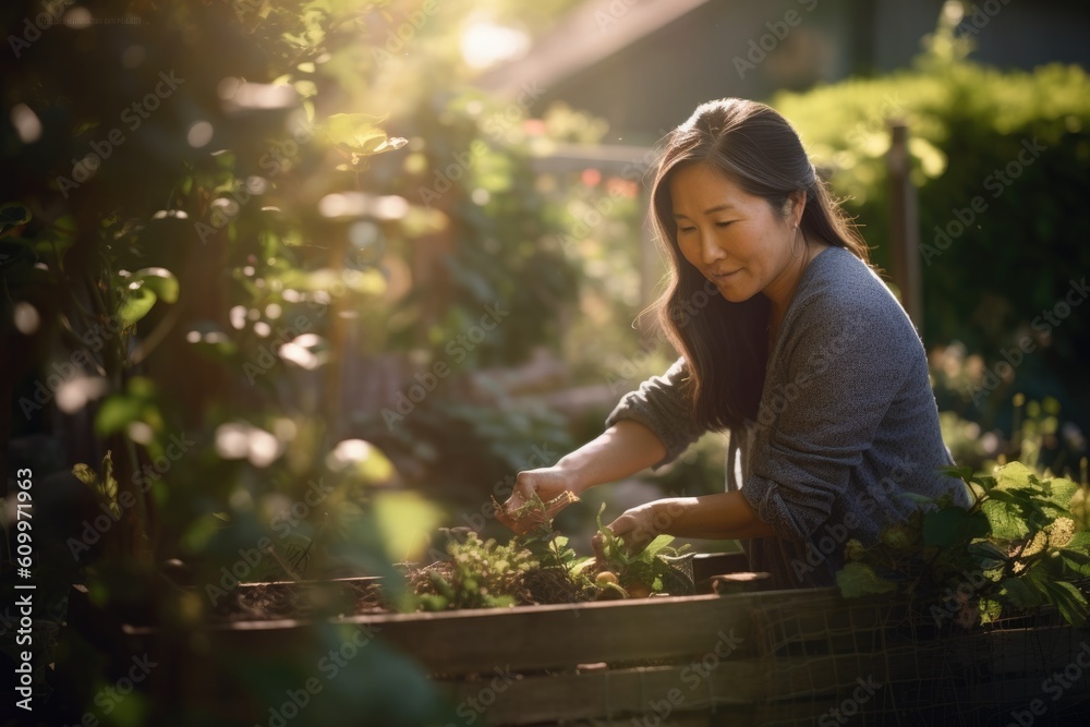 Female Asian senior gardening in backyard plants practical. Generative AI AIG23.