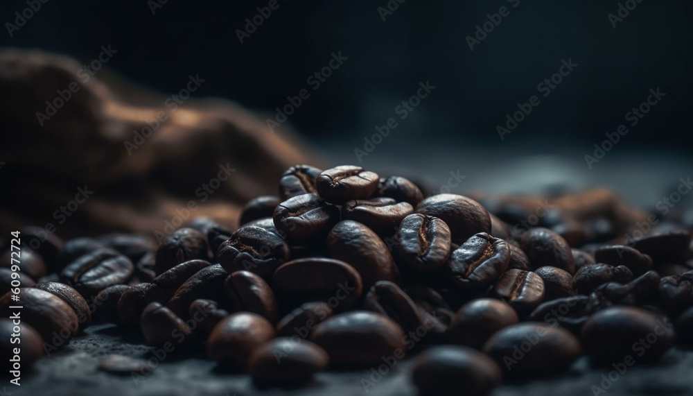 Freshly roasted coffee beans on rustic wood table, close up shot generated by AI