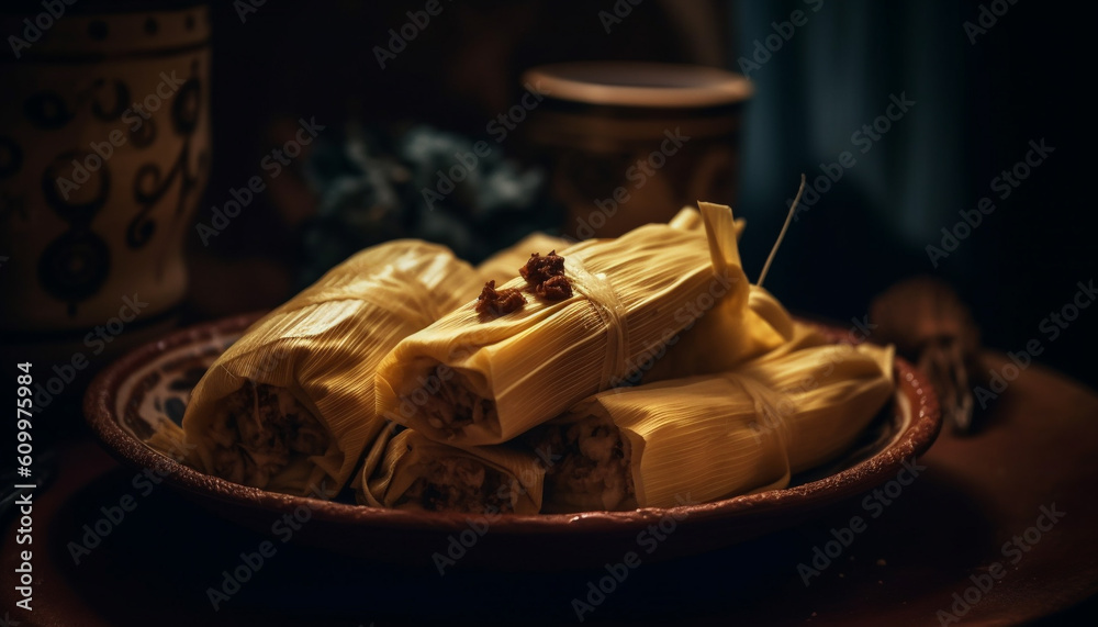 Chinese dumplings steamed in a bamboo basket, a traditional appetizer generated by AI