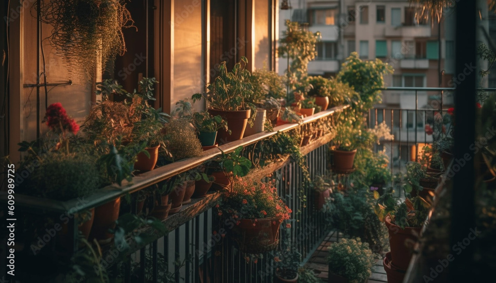 Fresh potted plants decorate balcony of old building at dusk generated by AI