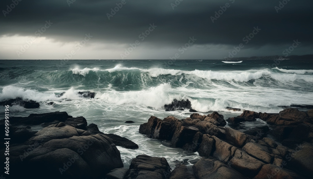 Dramatic sunset over blue seascape, crashing waves on rocky coastline generated by AI