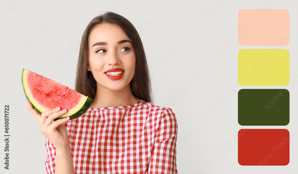 Beautiful young woman with slice of fresh watermelon on light background. Different color patterns