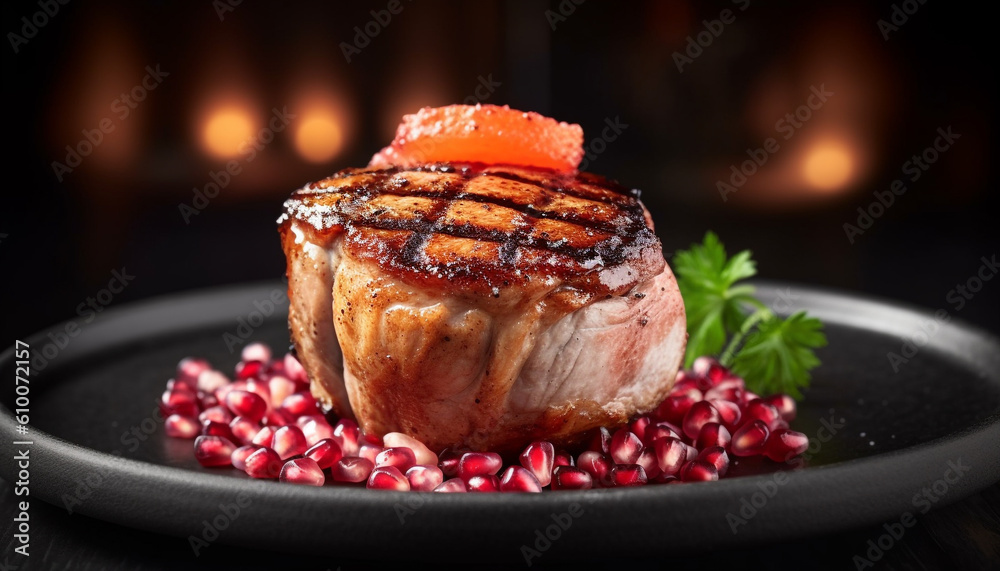 Grilled meat fillet on plate with fresh vegetable appetizer generated by AI
