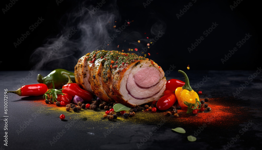 Grilled pork fillet with smoked beef and vegetable appetizer generated by AI