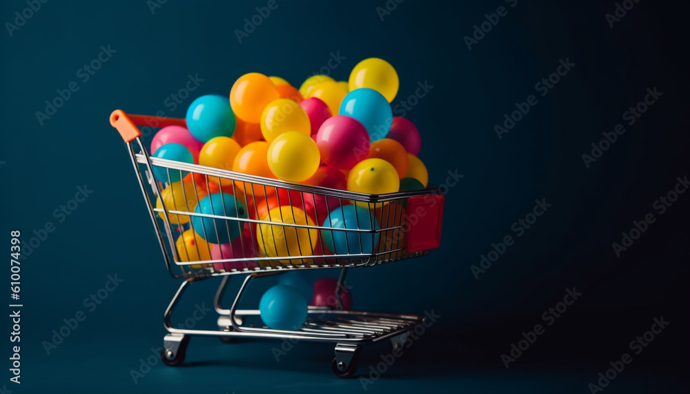 Colorful celebration with balloons, gifts, toys, and fresh fruit shopping generated by AI