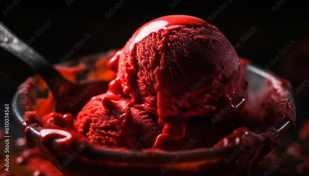 Indulgent ice cream sundae with fresh berries and creamy chocolate generated by AI
