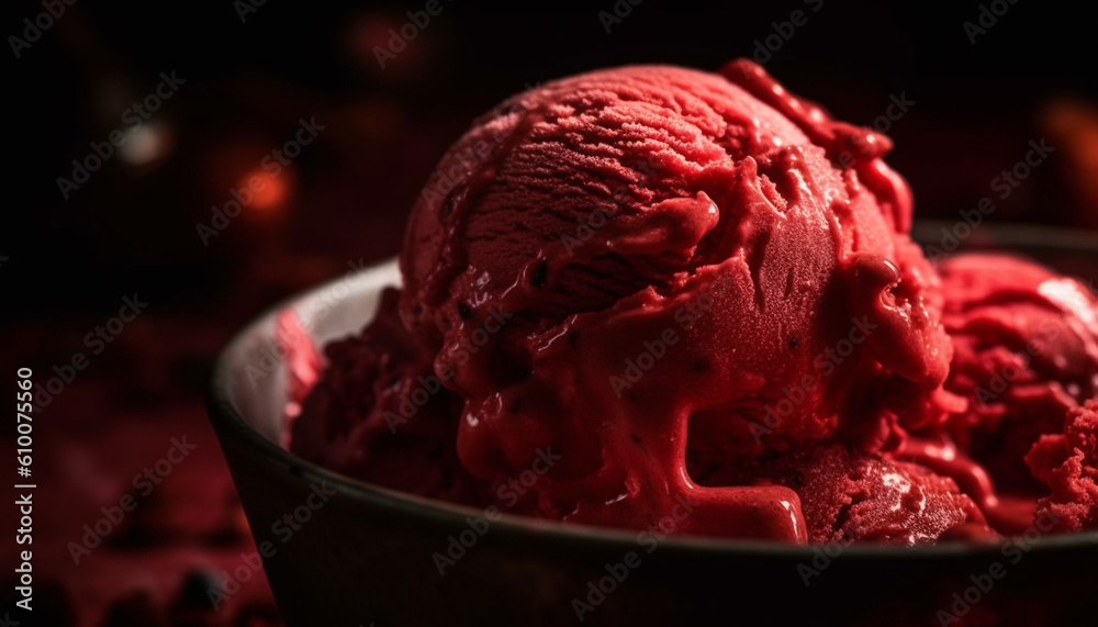 Indulgent gourmet dessert strawberry ice cream sundae with raspberry and chocolate generated by AI