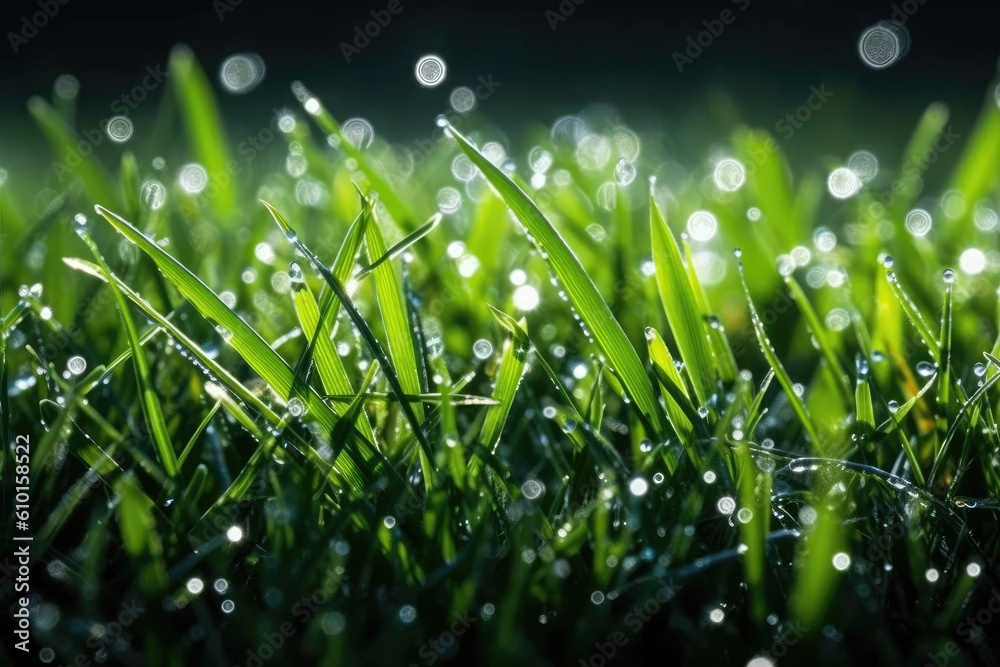 Close up view of dew drops on green grass blades Generative AI