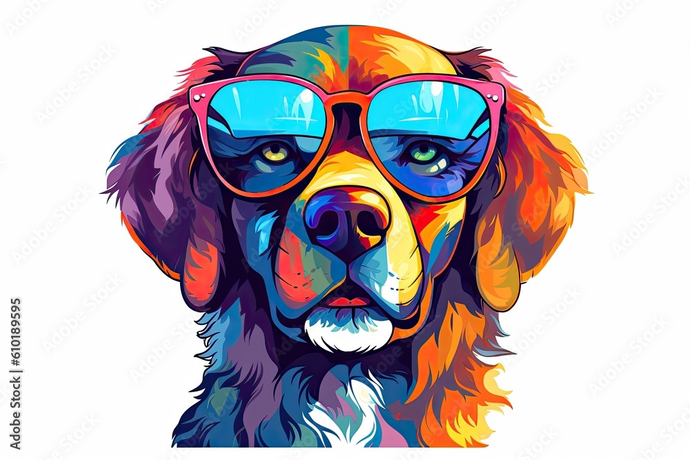 A cartoon colorful dog with sunglasses on white background. Colorful. Generative AI