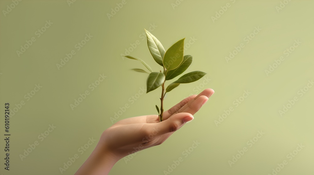 Hand gently holding a green plant. Harmonious pastel earth tones. This image resonates with themes o
