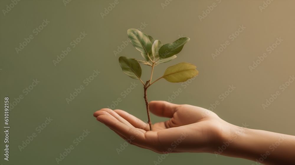 Hand gently holding a green plant. Harmonious pastel earth tones. This image resonates with themes o