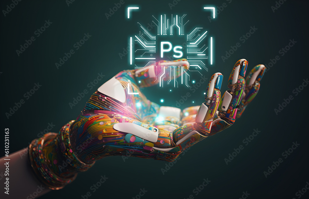 AI humanoid hand holding PS microchip hologram, AI art generator technology concept, Generative AI i