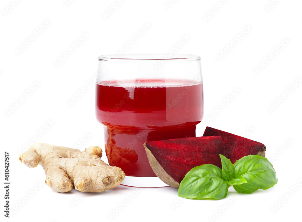 Glass of fresh beetroot juice with ginger isolated on white background