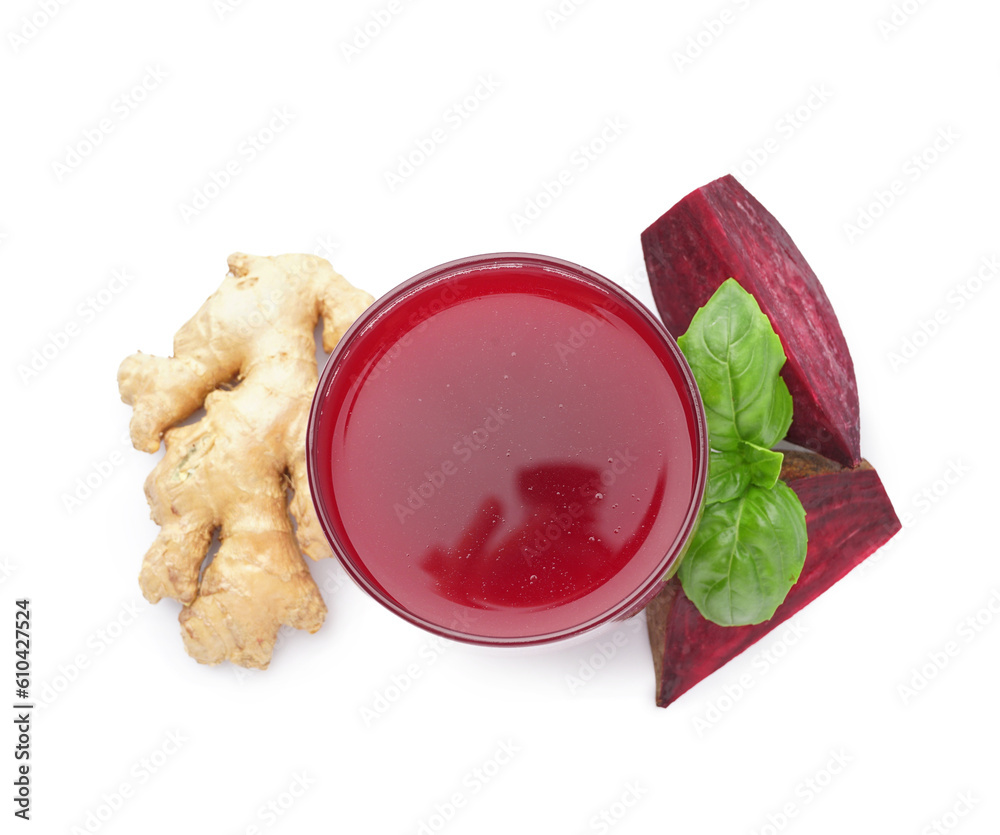 Glass of fresh beetroot juice with ginger isolated on white background