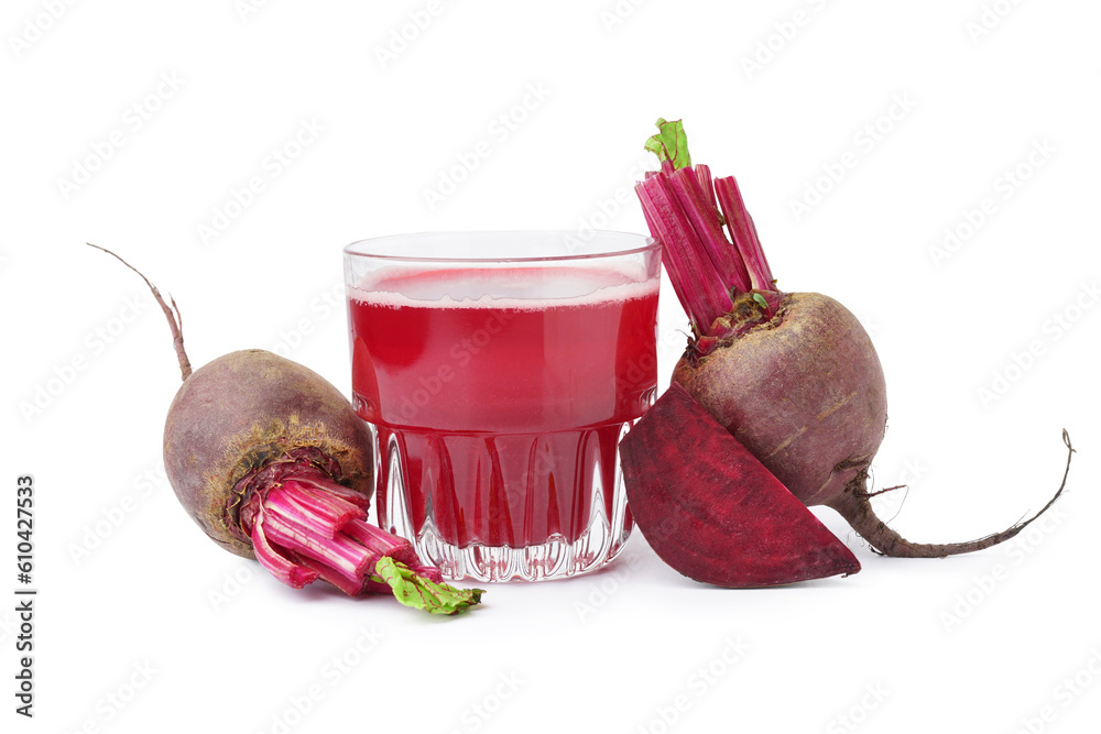 Glass of fresh beetroot juice and vegetables isolated on white background