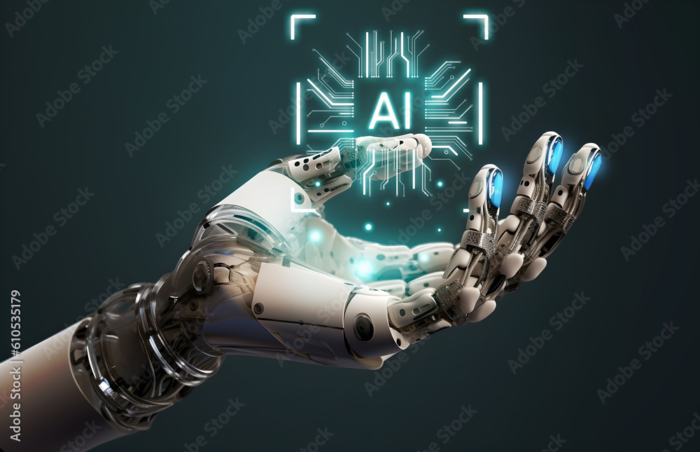 AI humanoid hand holding AI Logo on microchip hologram, Future cybernetic artificial intelligence te