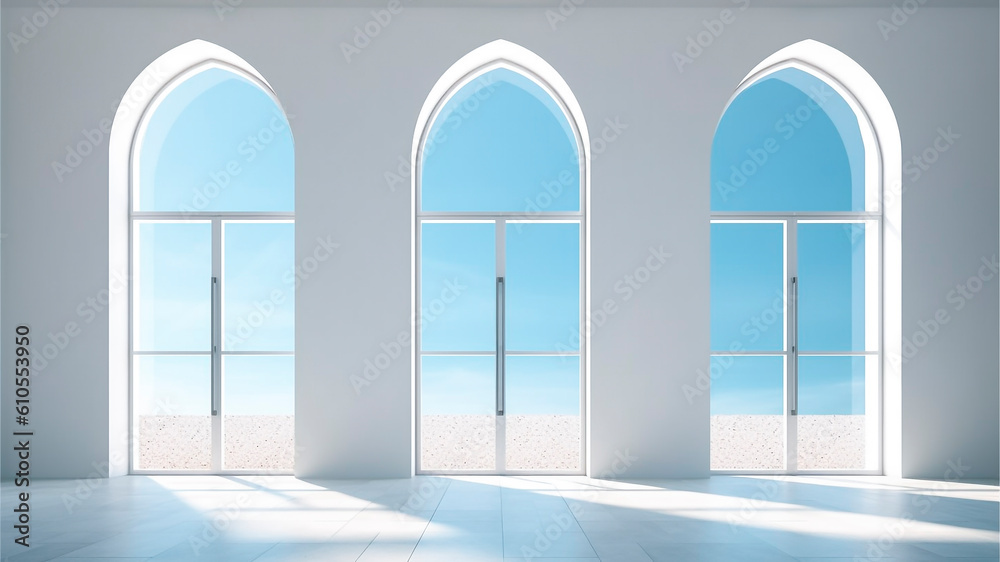 A white room with arched windows and blue sky. Generative AI.
