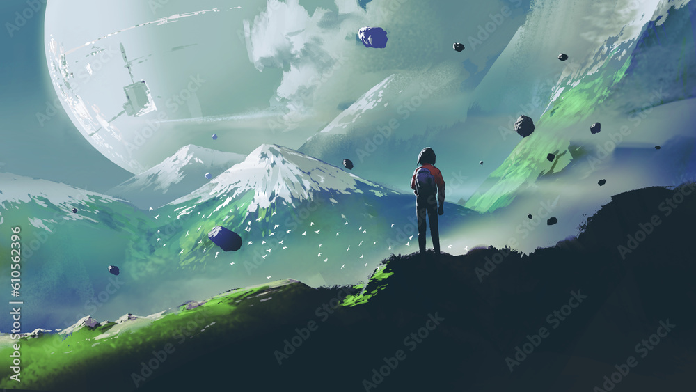 woman standing on top of a mountain looking at a distant futuristic planet in the sky, digital art s