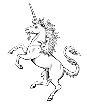 纹章独角兽突出。墨水风格雕刻矢量剪贴画。所有白色部分可用于着色