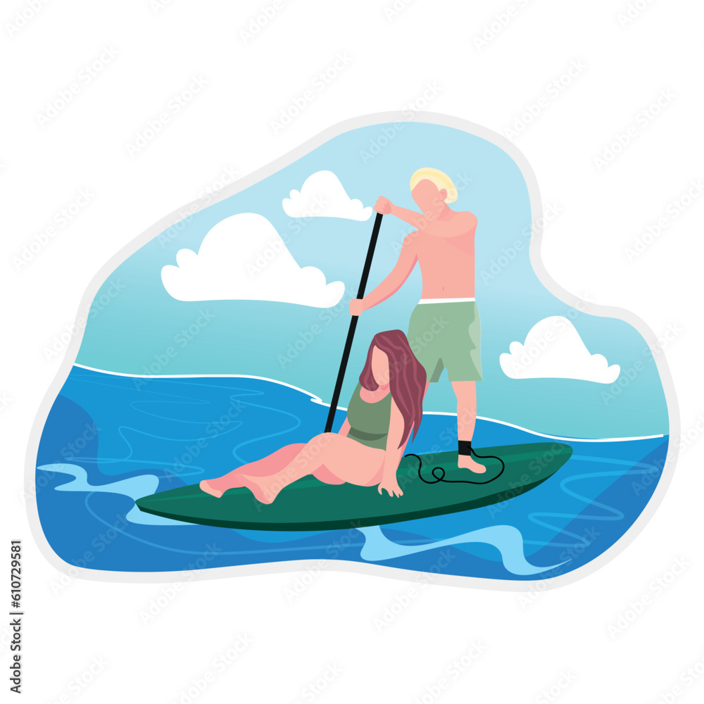 Active couple on sup board in sea