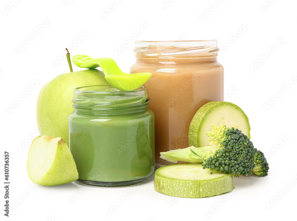 Jars of healthy baby food, fresh apple and vegetables on white background