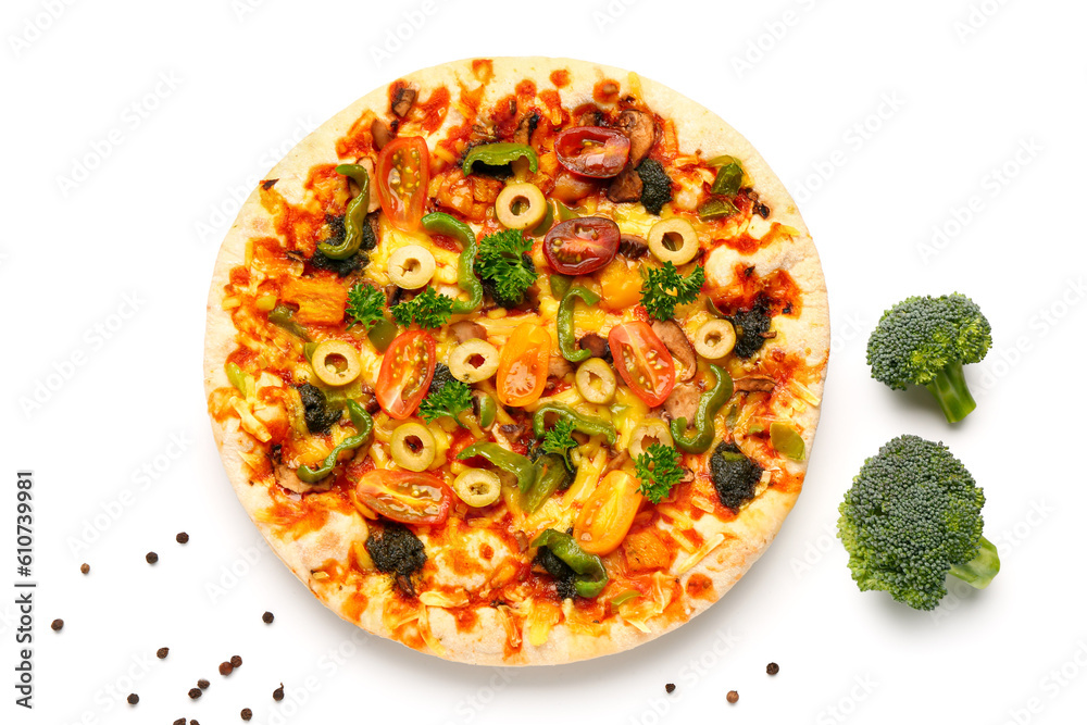 Vegetable pizza with broccoli on white background