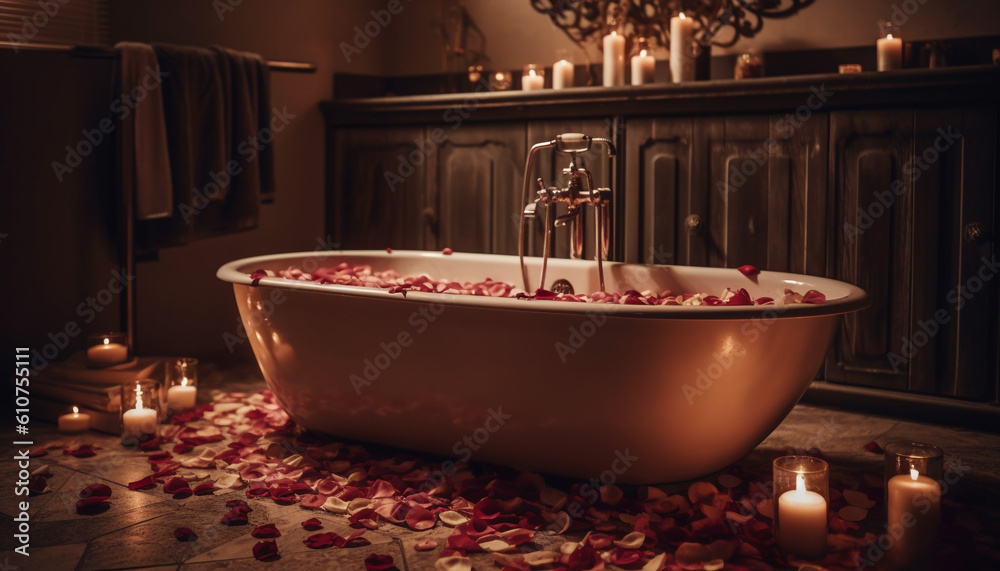 Luxury candlelit bathroom with glowing flame, fresh fruit and relaxation generated by AI