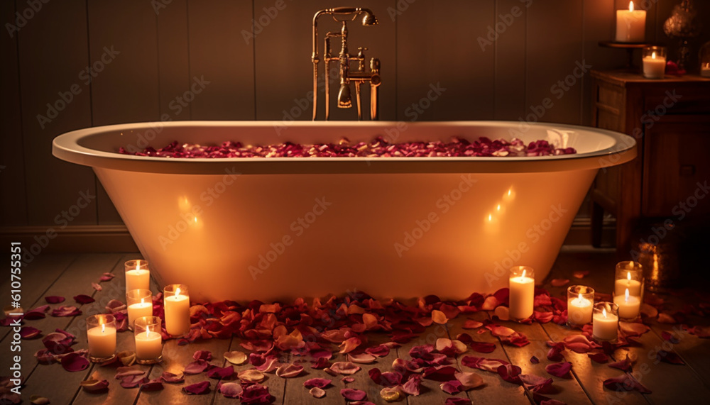 Luxury spa treatment candlelight, rose petals, glowing flame, comfortable bathtub generated by AI