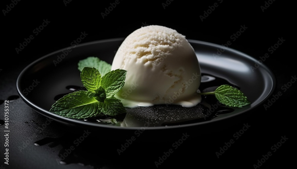 Gourmet dessert plate with fresh mint leaf and frozen spheres generated by AI