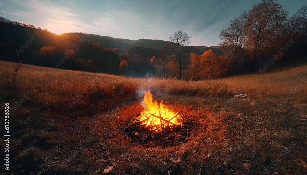 Summer campfire ignites inferno, engulfing forest in glowing flames generated by AI