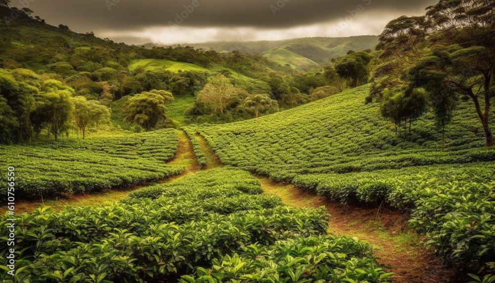 Green tea leaves grow on terraced fields in Cameron Highlands generated by AI